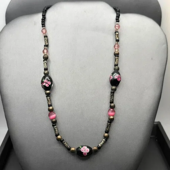 VTG Hand-Blown Lampwork Glass Bead Necklace 16" Floral Motifs Mixed Media - Picture 2 of 12